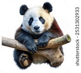 relaxed panda hanging upon a tree branch white background