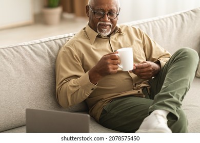 Relaxed Senior Black Man Watching Movie Online On Laptop Computer And Drinking Coffee Holding Cup Sitting On Sofa At Home, Wearing Eyeglasses. Weekend Leisure. Selective Focus, Cropped