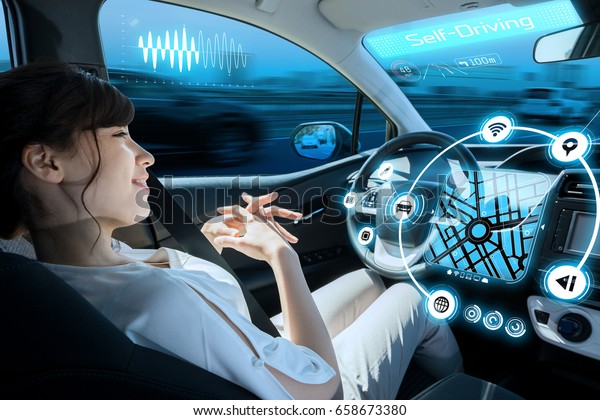 relaxed woman in autonomous car. self driving vehicle. autopilot. automotive technology.