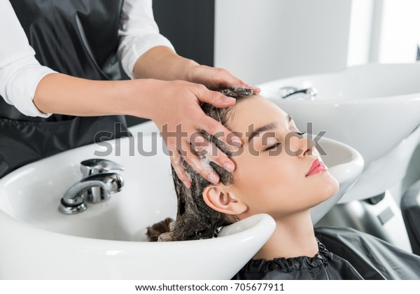 Relaxed Woman Having Hair Wash Beauty Stock Photo Edit Now 705677911