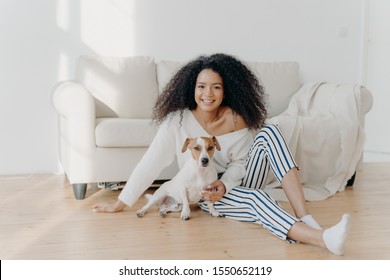 Relaxed Young African American Woman Sits On Floor In Empty Room Near Sofa With Pedigree Dog, Enjoys Sweet Moment At Home, Move In New Apartment To Live. Lady Rests With Puppy In Living Room