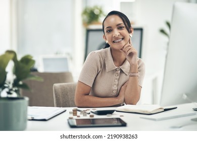 Relaxed Young Female Financial Advisor Working As An Accounting Employee Or Admin Portrait. Female Work Staff Counting Money And Calculating A Budget For A Department In A Company