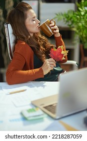 Relaxed Young Small Business Owner Woman With Autumn Yellow Leaves And Cup Of Cappuccino In The Modern Green Office.