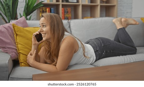 A relaxed young woman lies on a sofa, talking on a smartphone in a cozy, modern living room.