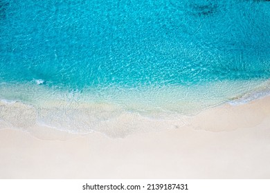 Relaxing Aerial Beach Scene, Summer Vacation Holiday Template Banner. Waves Surf With Amazing Blue Ocean Lagoon, Sea Shore, Coastline. Perfect Aerial Drone Top View. Peaceful Bright Beach, Seaside