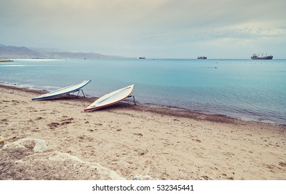 Relaxing atmosphere on central public beach of Eilat - famous tourist, resort and recreational city in Israel