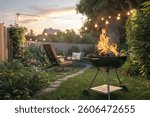 Relaxing Backyard Barbecue with Firepit and String Lights