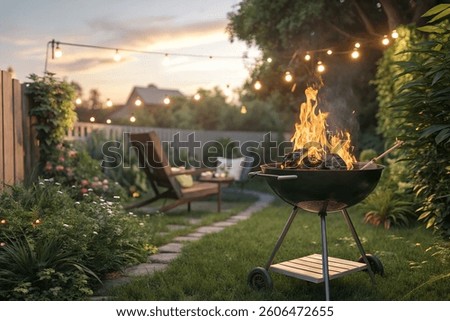 Relaxing Backyard Barbecue with Firepit and String Lights