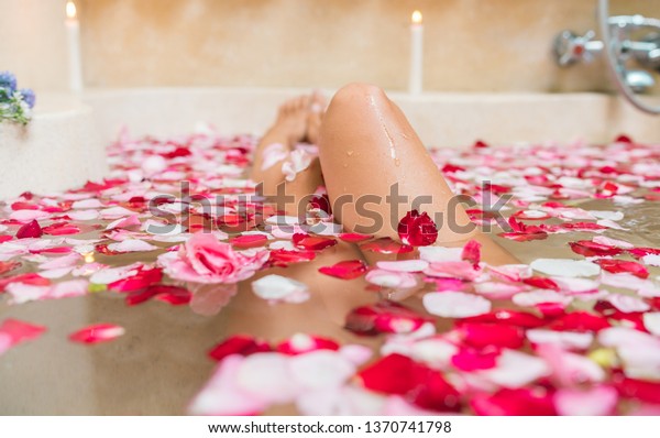 Relaxing Bath Rose Petals Candles Woman Stock Photo Edit Now