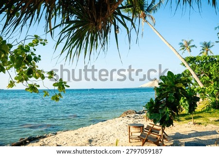 Relaxing beach scene featuring two wooden lounge chairs positioned under lush palm trees. The tranquil turquoise ocean stretches to the horizon, framed by a bright blue sky. White sandy beach with scattered rocks adds to the serene tropical atmosphere, perfect for vacation or resort advertising. Ideal for travel, tourism, and relaxation-themed content.