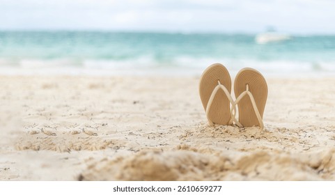 Relaxing beach view with flip flops nestled in soft sand during a sunny day by the ocean