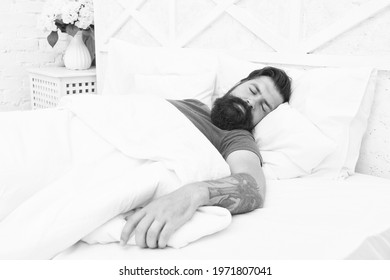 Relaxing At Home. Relax Lifestyle Concept. Bearded Man Sleep In Bed. Early Wake Up At Morning. Bachelor Feel Comfortable. Single Guy At Bedroom. Lazy Sunday. Bed Time Routine. Brutal Male Sleeping