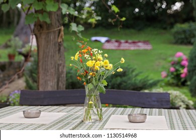 Relaxing In Nature Concept, Backyard Picnic, Blanket Under The Tree