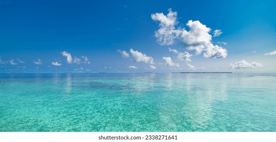 Relaxing seascape with wide horizon of the sky and the sea. Panorama of tropical beach seascape horizon. Abstract bright sunshine sky light tranquil relax summer seascape freedom wide angle