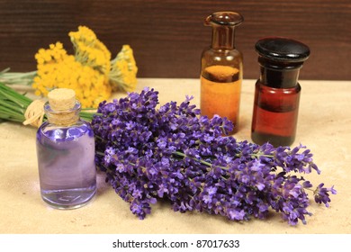 Relaxing spa resort composition -  lavender flower, bottle with lotion