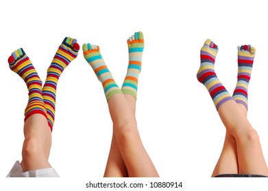 Relaxing Three Kids, Many Colors Of Socks, Isolated On White Background