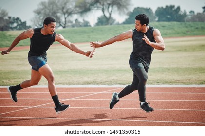 Relay, race and men on track with partnership for speed challenge, teamwork event and sports at arena. Synergy, collaboration and athlete group in running competition, fitness and support at stadium - Powered by Shutterstock