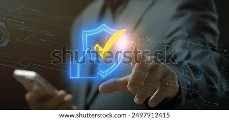 Reliability icon, support concept, call center and customer service. Business and technology concept. Businessman showing glowing neon line of reliability icon on virtual screen.