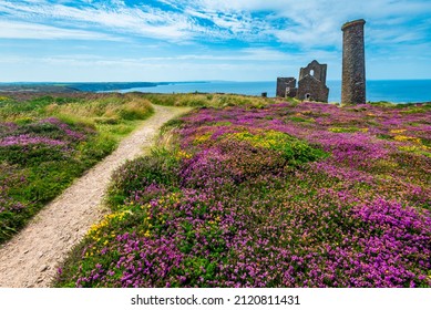 Relic Of Cornish Tin Mining Industry, On The Clifftop Of North Cornish Coast In Summertime, With UNESCO World Heritage Status.Old Brick Chimney And Ruins Of Shaft Engine House Against Summer Sky.