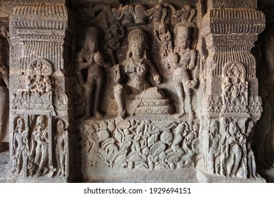 Relief carvings at Kailasa or Kailash Temple at the Ellora Caves in Maharashtra, India. Kailash Temple was built in the 8-th century.