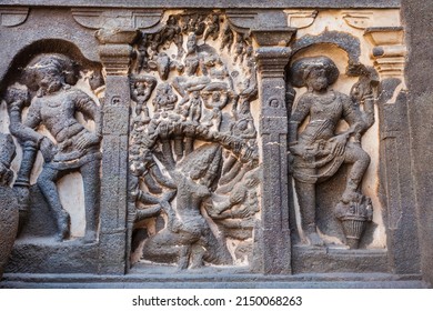 Relief carvings at Kailasa or Kailash Temple at the Ellora Caves in Maharashtra, India