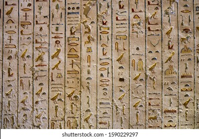 Relief details and Egyptian hieroglyphs at the pharaoh tomb in the Valley of the Kings in Luxor, Egypt - Shutterstock ID 1590229297