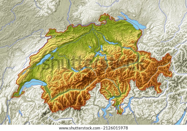 Relief map of\
Switzerland. Colorful map. Map with rivers and lakes. Mountain\
landscape. Swiss\
borders.