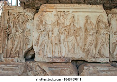 relief in open-air theater of ancient city Nysa, Aydin, Turkey.