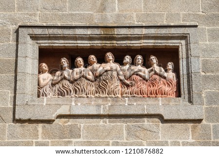 Relief of the souls of purgatory. Facade of the Chapel of Las Animas. Santiago de Compostela, Galicia.