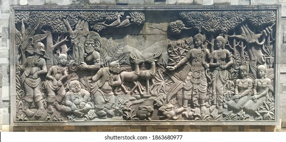 Relief Stone Carving Of Figures From The Story Of Ramayana And Punokawan