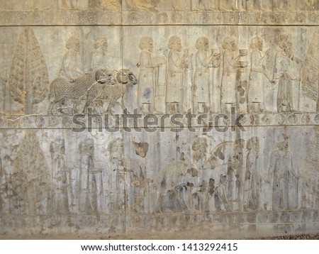 Reliefs from Apadana palace in Persepolis, ex-capital of Ancient Persia, near Shiraz, Iran. Bas-relief is depicting royal servants & nobles, bringing gifts to royal court
