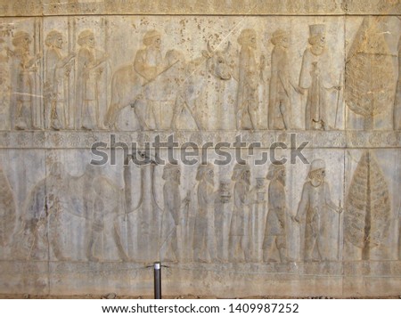 Reliefs depicting the Persian courtiers & guardians leading guests to their king. Guests & their servants are bringing gifts, such as bowls and animals, Persepolis, near Shiraz, Iran