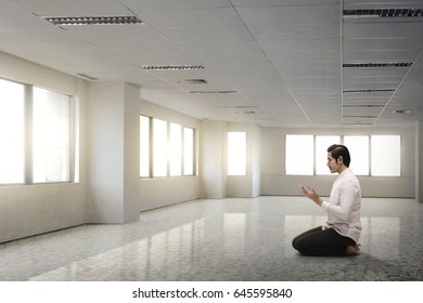 Religion Asian Muslim Man Kneeling And Praying Indoor