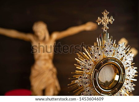 Religion, Christianity, Catholic concept. Wooden table and background.

