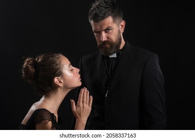 Religion holy. Seductive monk. Priest sin. Church Pastor with sexy woman nun.
