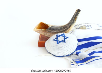 Religion Image Of Shofar (horn) On White Prayer Talit. Rosh Hashanah (jewish New Year Holiday), Shabbat And Yom Kippur Concept