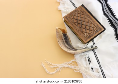 Religion Image Of Shofar (horn) On White Prayer Talit. Rosh Hashanah (jewish New Year Holiday), Shabbat And Yom Kippur Concept