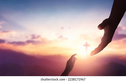 Religion   salvation concept:God reaching out to help people cross background
