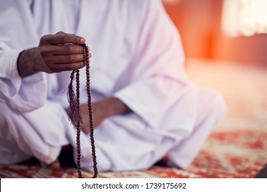 Religious Black Muslim Man Praying Inside The Mosque