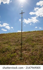 Religious Catholic Metal Cross In Nature, Catholic Christian Metal Cross Installed By The Road