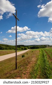 Religious Catholic Metal Cross In Nature, Catholic Christian Metal Cross Installed By The Road