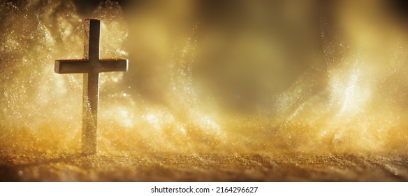 Religious cross in abstract wallpaper with shining gold sparkles and radiant lights. Symbolism of heaven or the resurrection. - Shutterstock ID 2164296627