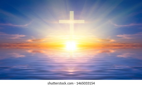 Religious Cross Against The Sunset Over The Sea, Symbolizing The Hope Of Salvation And Forgiveness. Religious Composition