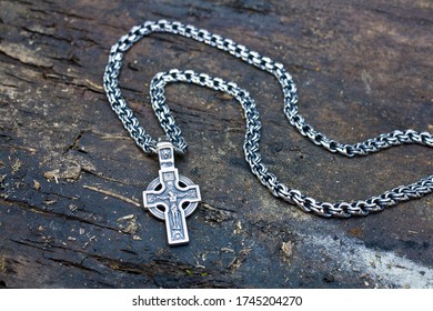 Religious Jewelry. Large Silver Cross Crucifix With A Wide Massive Chain With Weaving 