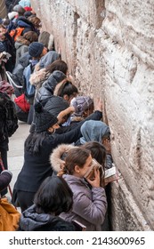 Religious jewish women pray at the Wailing Wall in the Old City of Jerusalem. Jerusalem, Israel, march 2022