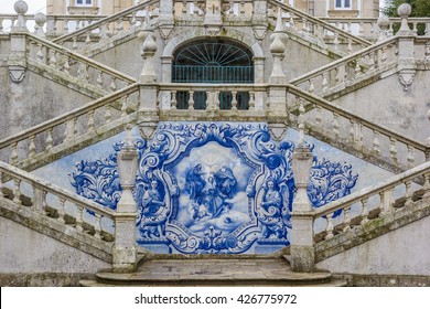 Religious scene in blue azulejos at the Remedios stairs in Lamego, Portugal
