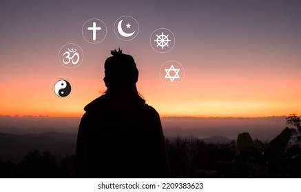 Religious Symbols. Christianity Cross, Islam Crescent, Buddhism Dharma Wheel, Hinduism Aum, Judaism David Star, Taoism Yin Yang, World Religion Concept. Prophets Of All Religions Bring Peace To World.