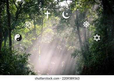 Religious Symbols. Christianity Cross, Islam Crescent, Buddhism Dharma Wheel, Hinduism Aum, Judaism David Star, Taoism Yin Yang, World Religion Concept. Prophets Of All Religions Bring Peace To World.