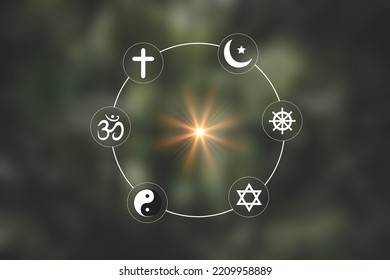 Religious symbols. Christianity cross, Islam crescent, Buddhism dharma wheel, Hinduism aum, Judaism David star, Taoism yin yang, world religion concept. Prophets of all religions bring peace to world. - Shutterstock ID 2209958889