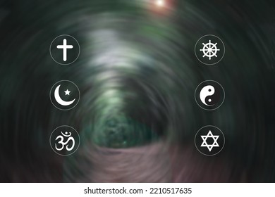 Religious Symbols. Christianity Cross, Islam Crescent, Buddhism Dharma Wheel, Hinduism Aum, Judaism David Star, Taoism Yin Yang, World Religion Concept. Prophets Of All Religions Bring Peace To World.